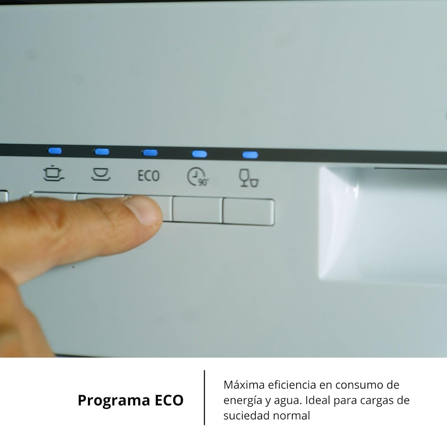 A finger pressing the ECO program button on the dishwasher control panel.