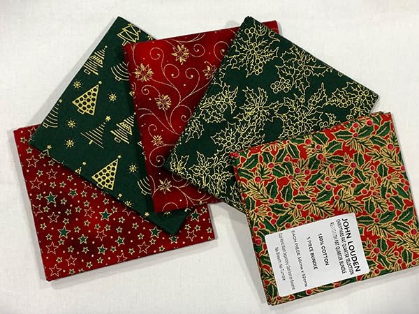 John LoudenChristmas Fat Quarters Bundle of 5 Fabrics (45cm x 55cm). 100% Cotton. Ideal for Crafts, Patchwork, and Dressmaking (Red Green)