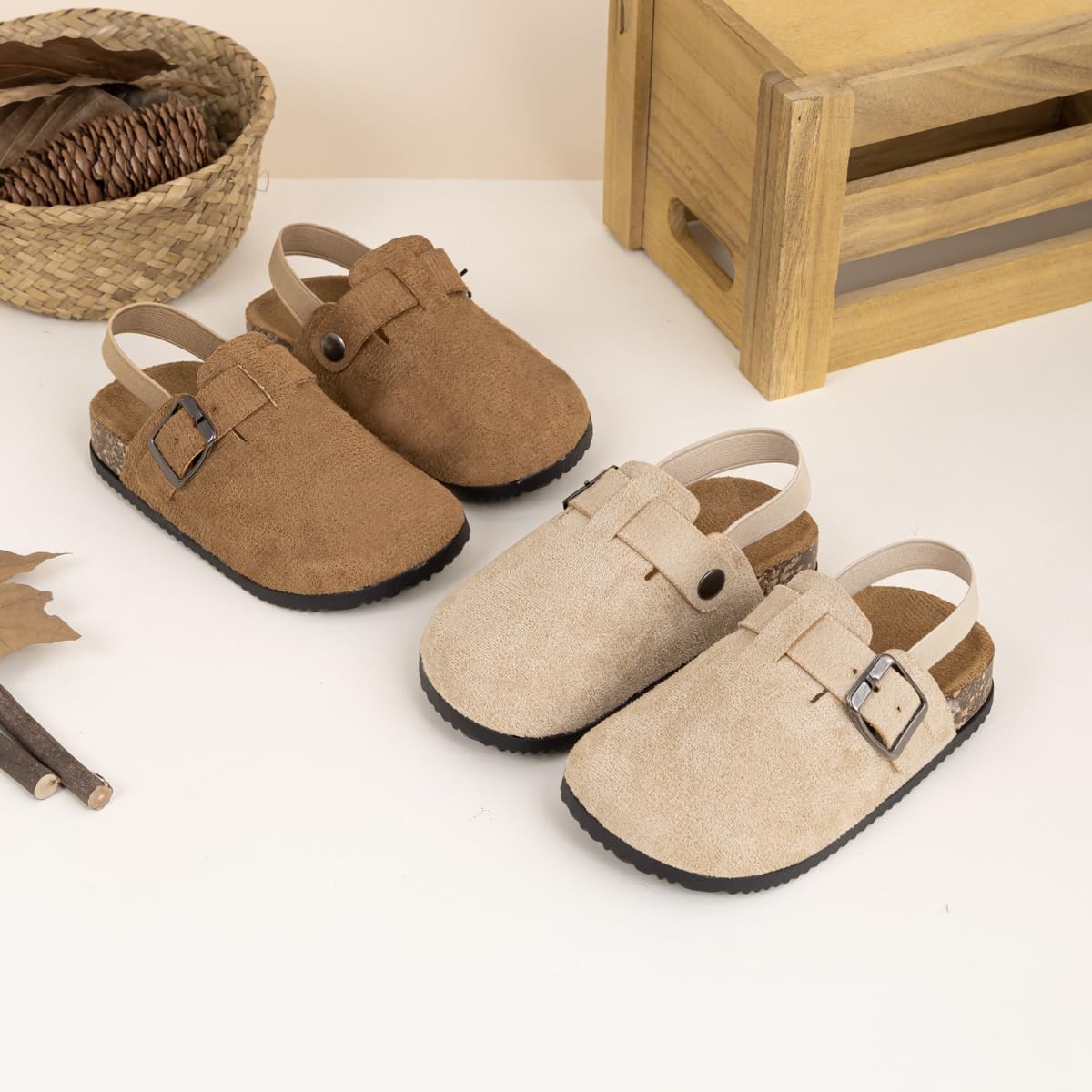 KIDSUN Toddler Suede Clogs Boys Girls Cork Footbed Slip On Mules Potato Shoes with Elastic Strap Soft Leather Comfortable Indoor Outdoor Sandals - Image 3