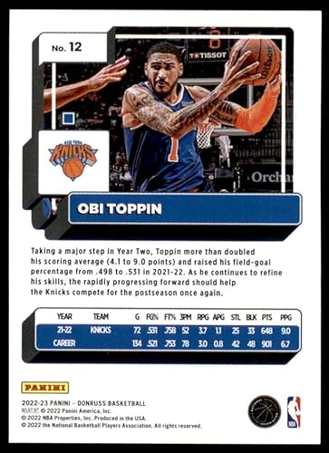 Miniatura 2 de 2022-23 Donruss #12 Obi Toppin New York Knicks NBA Basketball Trading Card