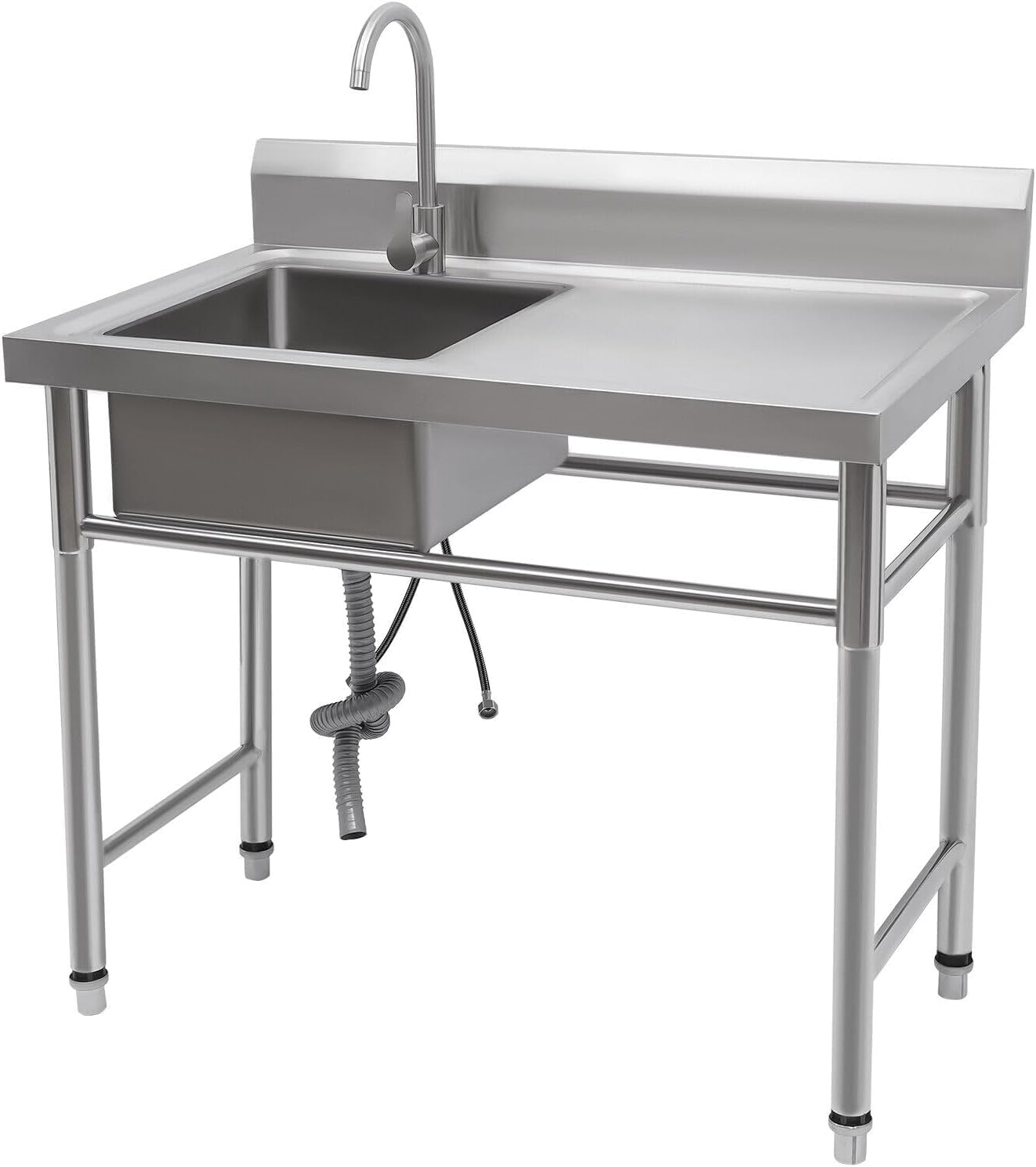 Freistehende Spültisch 100x60cm, Edelstahl Spülenschrank mit Spüle und Armatur, Küchenspüle mit Unterschrank, Ausgussbecken Edelstahl Einzelbecken, 360° Mischbatterie (Linker Spülbecken)