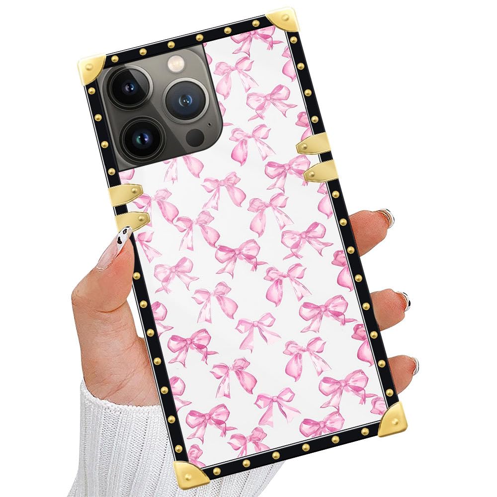 TAMEFOX Case Compatible with iPhone 14 Pro(6.7 in),Pink Bow-A Gold Luxury Soft TPU Hard PC Back Shockproof Protective Cover Case for iPhone 14 Pro