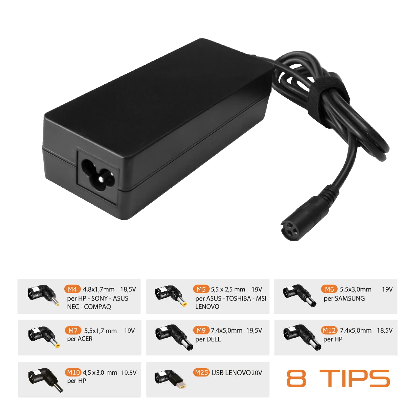 Alimentatore compatibile (65W Universale PC) rapido universale x dispositivi HP/LENOVO/ACER/ASUS/TOSHIBA/DELL/MEDION/SONY/Fujitsu/SAMSUNG/Packard Bell/MSI/IBM /.