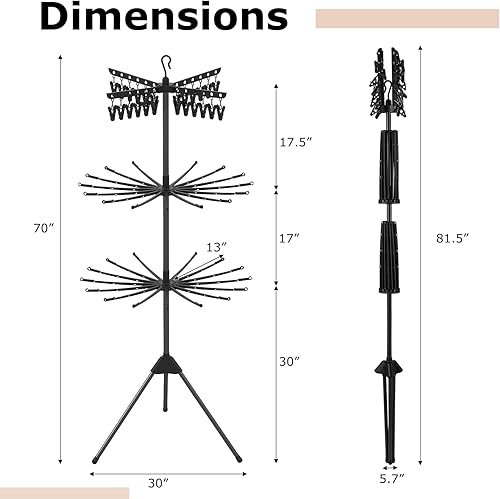 Miniatura 7 de Giantex Trípode de secado de ropa, estante de secado de ropa plegable independiente de 3 niveles con 24 clips y 32 varillas, soporte de secado de