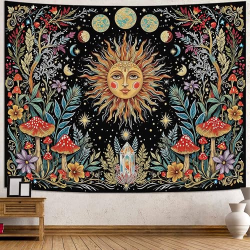 Accnicc Boho Sun and Moon Tapestry Hippie Mushroom Floral Wall Tapestry for Bedroom...
