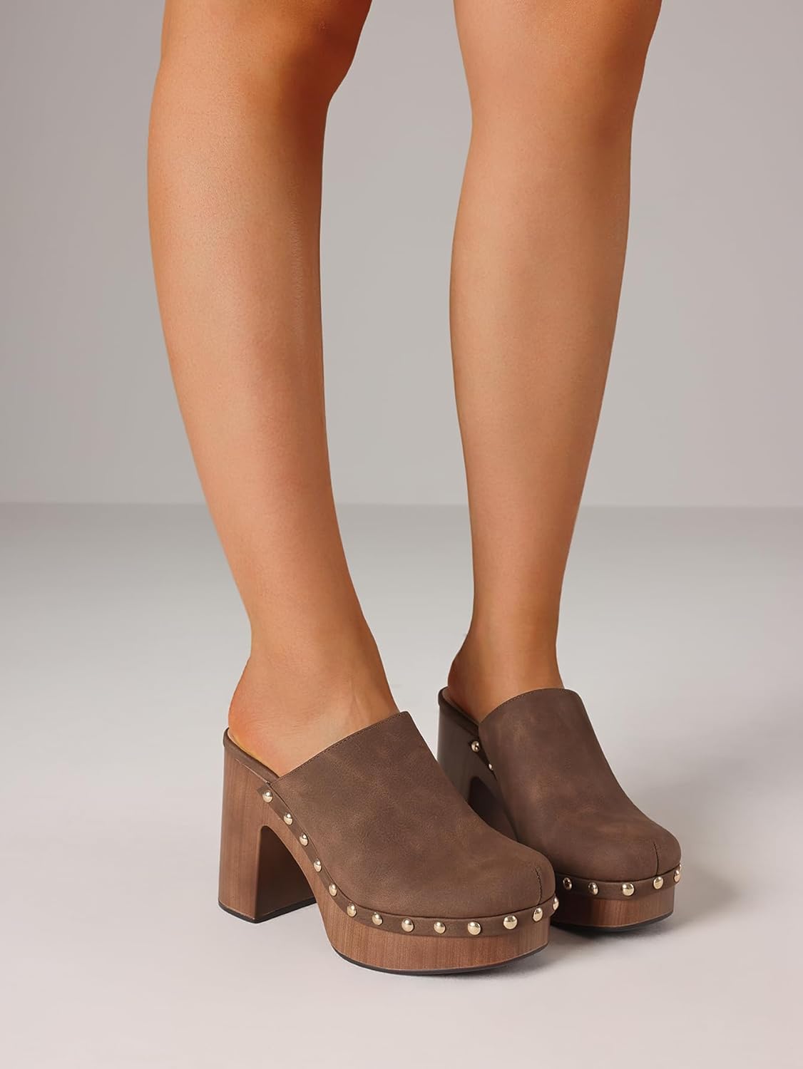 Oiamenne Womens Platform Clogs Mules Chunky High Heeled Sandals Round Toe Slip On Slides Rivet Studded Heels for Women Casual Comfy Shoes - Image 2