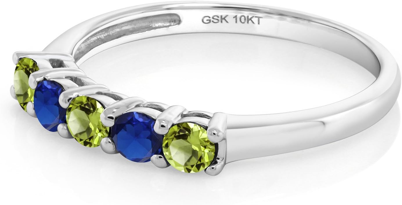 Gem Stone King 10K White Gold Green Peridot and Blue Created Sapphire 5 Stone Wedding Engagement Anniversary Promise Ring For Women (0.62 Cttw, Round 3MM, Gemstone August Birthstone)
