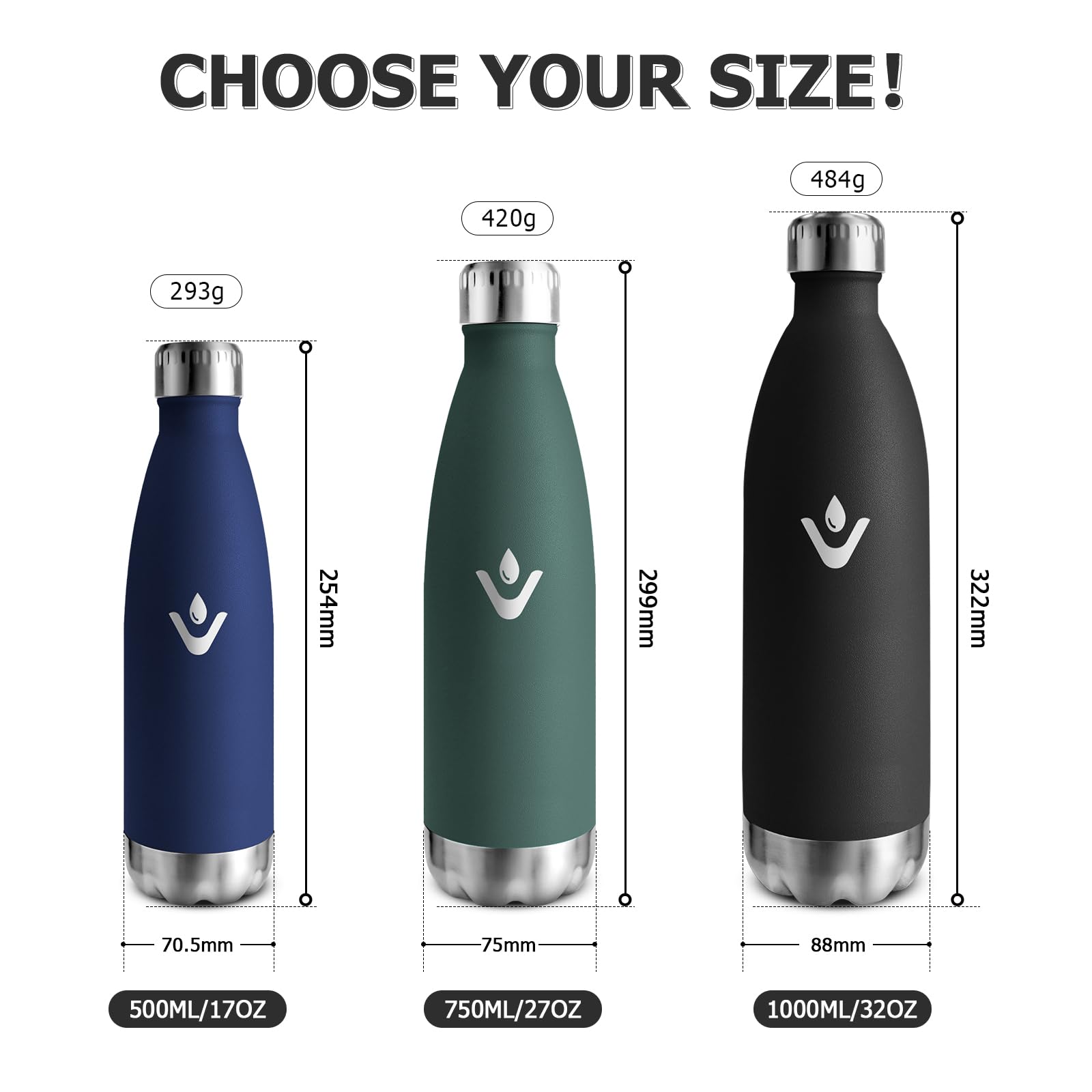 Thermosflasche 1L, Auslaufsicher Doppelwandig Thermoskanne, Vakuum Thermosflasche, Kohlensäure Geeignet, Trinkflasche BPA-Frei, Wasserflaschefür Fitness, Laufen, Büro, Kinder, Erwachsene, Sprudel