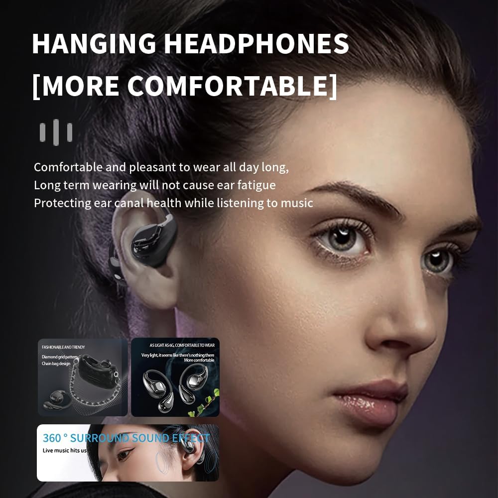 Micool Open-Ear Headphones Bluetooth 5.4, Ear-Hanging Headphones with Long Battery Life, Fashion Bag Design Wireless Earbuds, Sports Headset for Comfortable All-Day Use (Black)