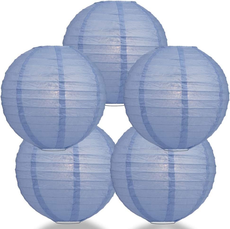 Quasimoon PaperLanternStore.com (5-Pack) 14 Inch Serenity Blue Round Paper Lantern, Even Ribbing, Hanging Decoration