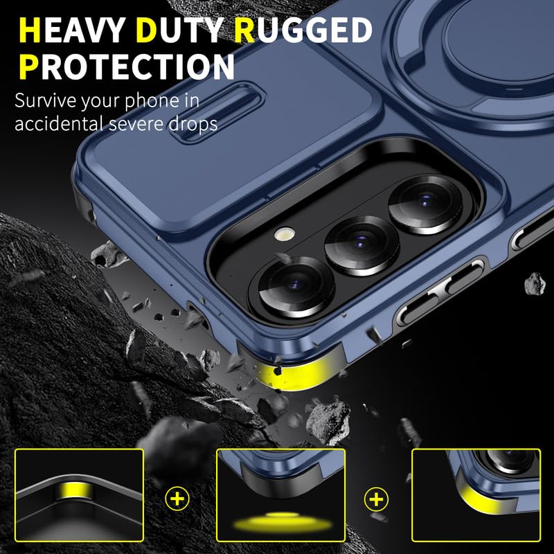 Image of LuxuryKase Shockproof Rugged Case for Samsung Galaxy S26 Plus | Slide Camera Cover | 360 Rotating Ring Kickstand | Military-Grade Protection - Navy Blue
