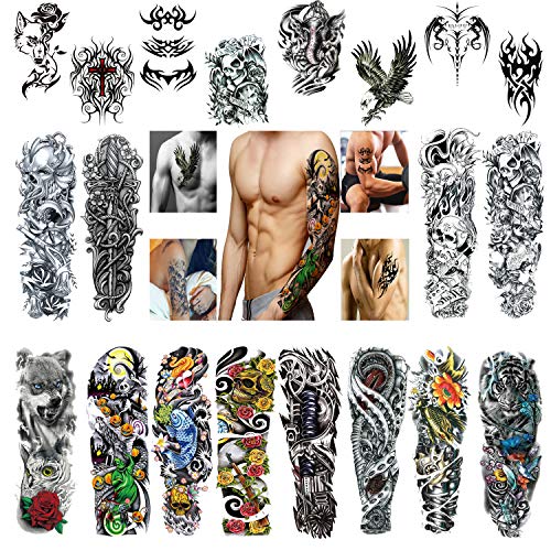Extra Large Temporary Tattoos, Body Art Stickers 12 sheets Full Arm and 8 Sheets Half Arm Fake Tattoo for Men Women Adults Tatoo Paper-20 Sheets