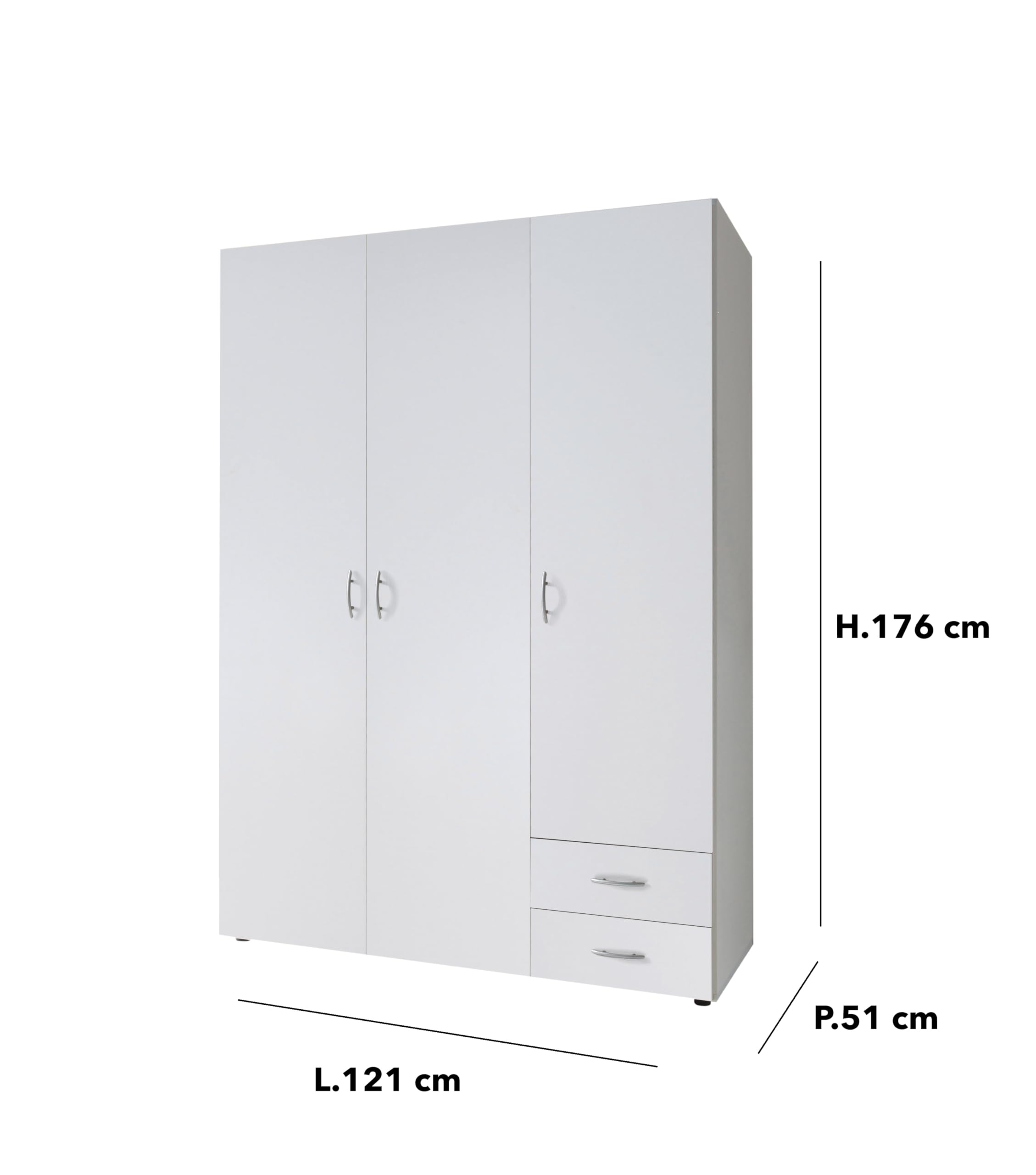 Armadio Guardaroba 3 Ante e 2 Cassetti | Armadio Camera da Letto Moderno 121x177x51 cm (LxHxP) | Ampio Spazio Organizzativo con Barra Appendiabiti | Colore Bianco