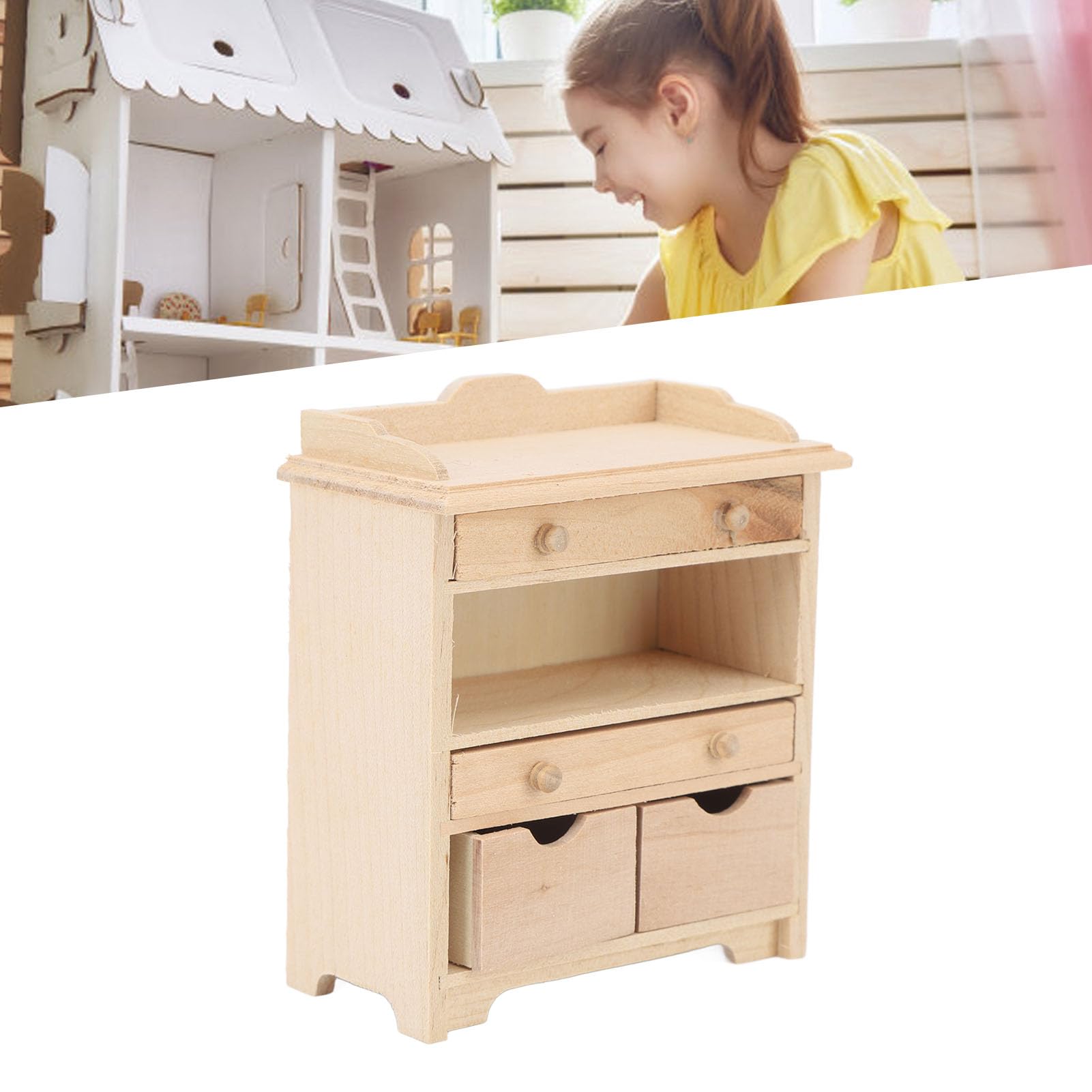 Mini Armoire à Tiroirs 1/12 – Meuble De Chambre En Bois Pour Maison De Poupée, Blanc (10x9x4,2 Cm)