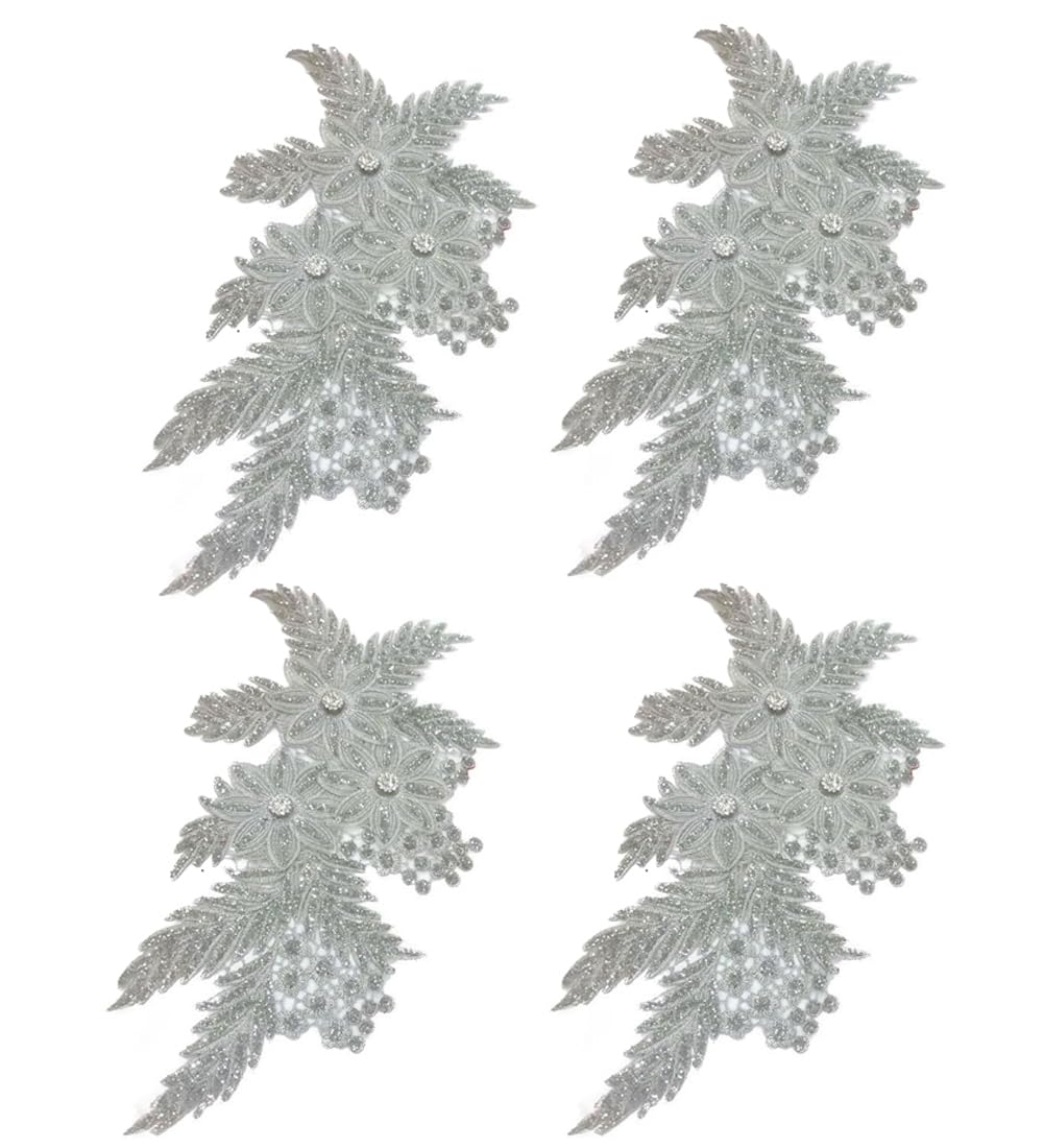Aplikacje odzieżowe, Haftowane naszywki z tkaniny kwiatowej, 4 sztuki brokatowej aplikacji kryształkami(Silver)