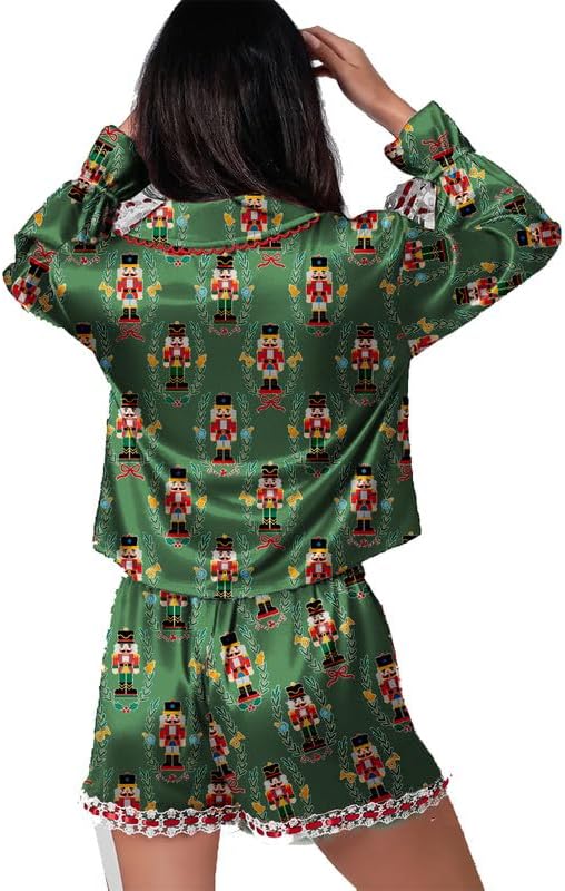Women 2 Piece Christmas Pajama Set Satin Silk Long Sleeve Button Down Shirt and Shorts Set Lounge Pajama Outfits - Image 2