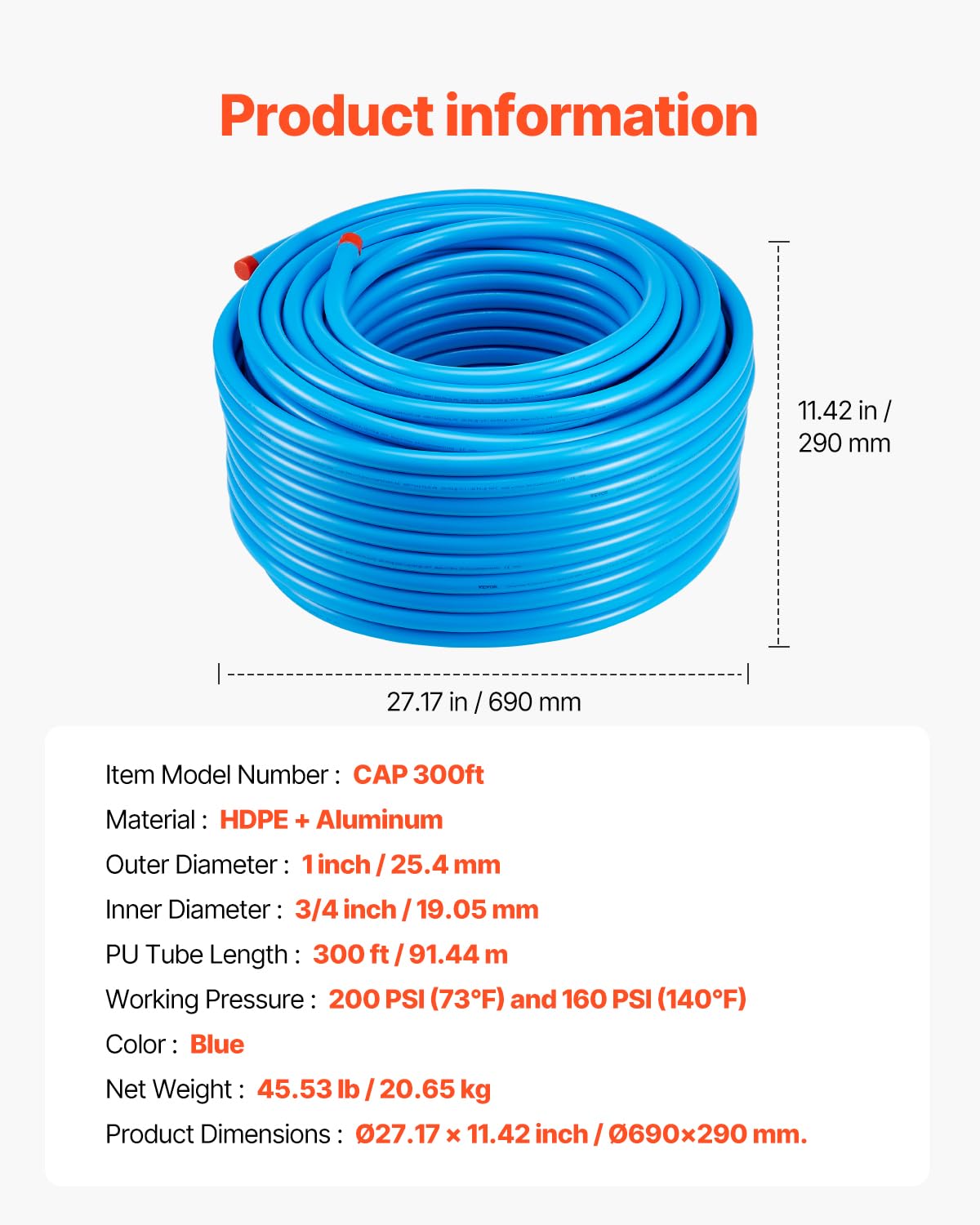 VEVOR Kit Conduite de Compresseur d'Air, 91,44 m x 19,05 mm, Système de Tuyauterie d'Air Comprimé en PEHD Aluminium, Étanche, Facile à Installer, Kit Tubes d'Air Comprimé pour Garages, Ateliers, Bleu