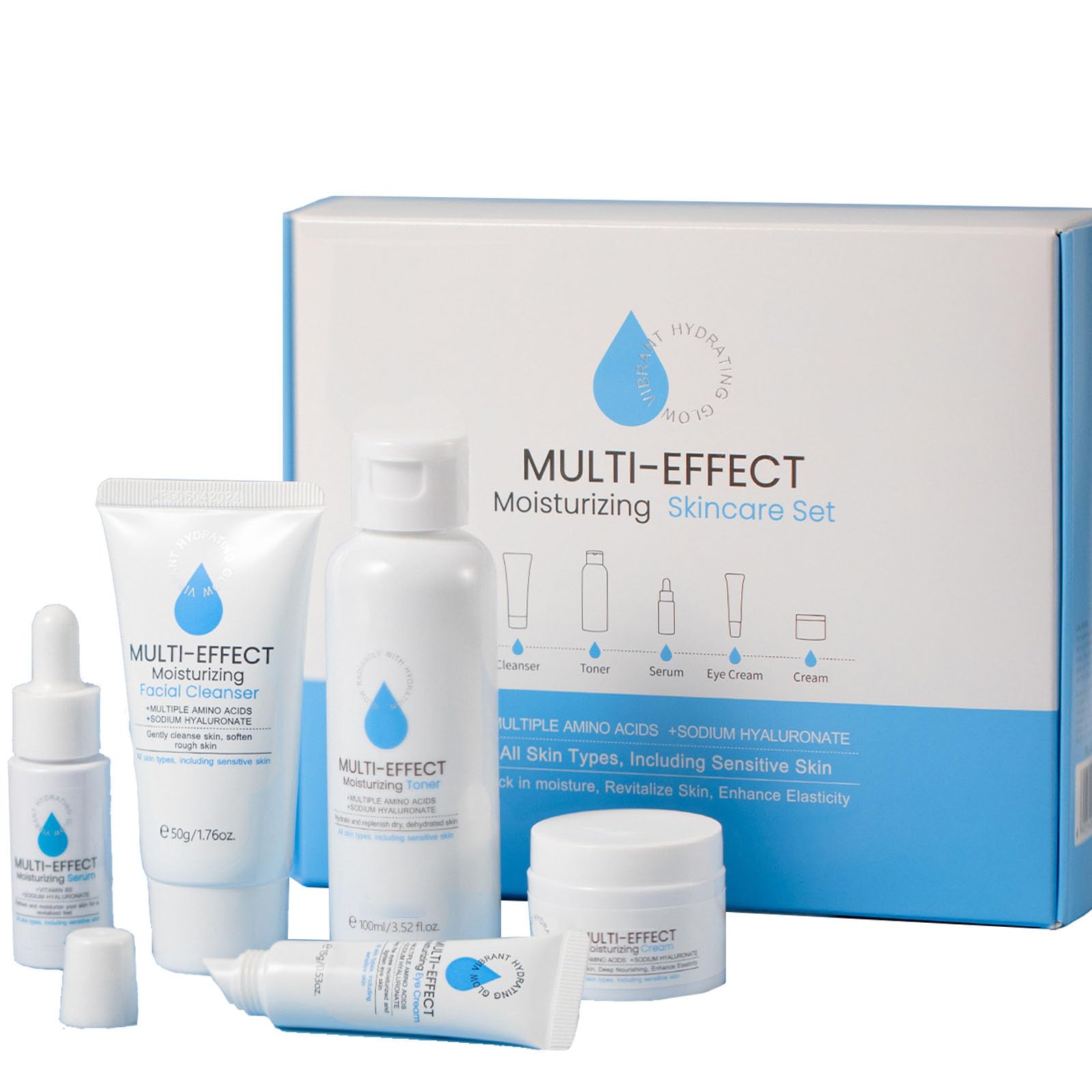 Hyaluronic Acid Hydrating Skincare Set, 5PCS Multi-Effect Moisturizing Skincare Set for Teen Skincare