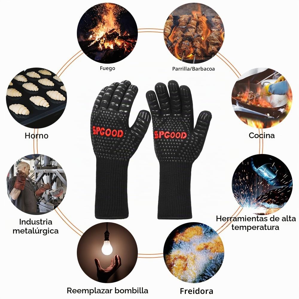 SPGOOD Guantes Barbacoa Guantes Horno Altas temperaturas Largos, BBQ Guantes Resistentes al Calor hasta 800℃ para Cocina, Parrilla, Hornear, Microondas, Chimenea Negro（L/XXL）
