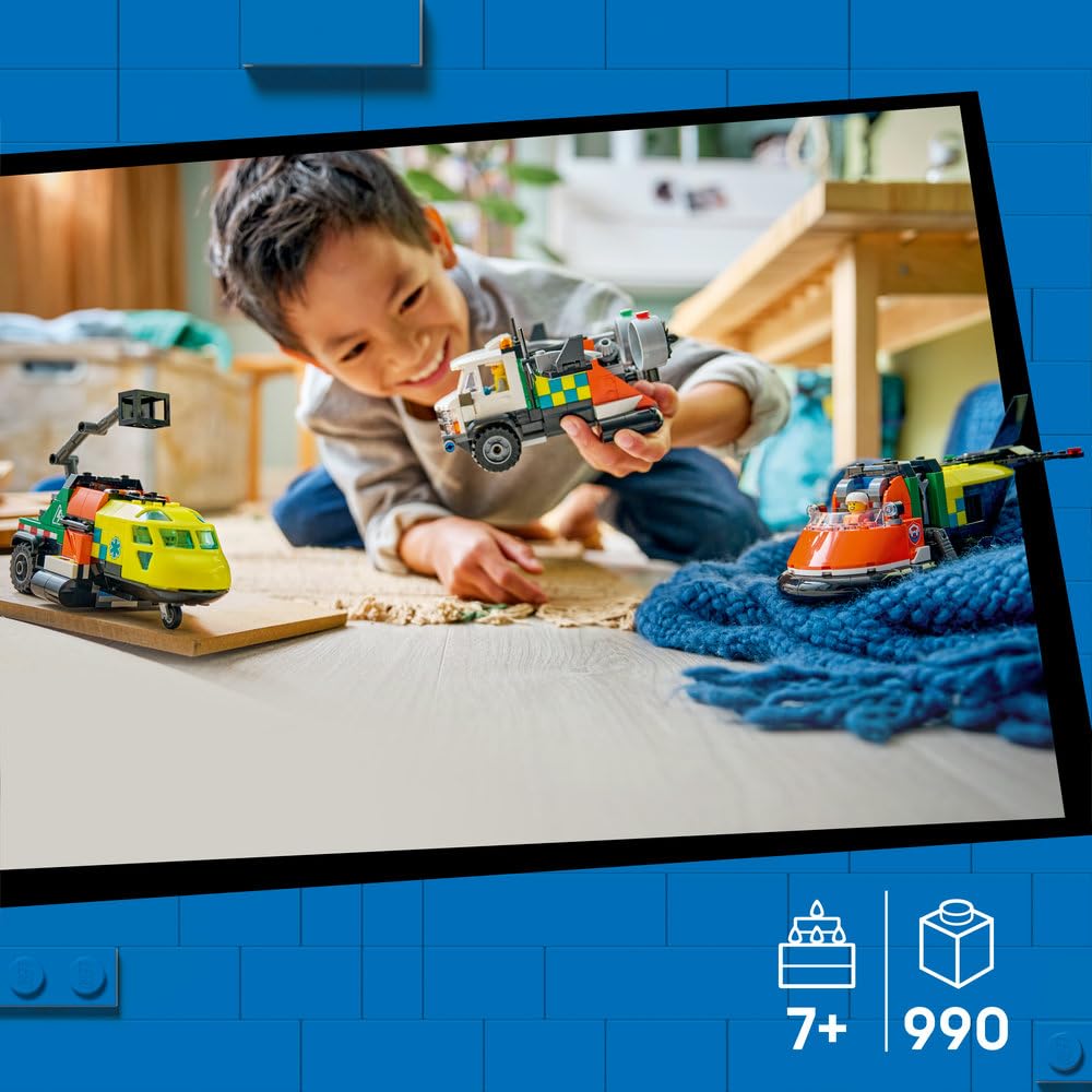 LEGO City Zestaw z samolotem, ciężarówką serwisową i poduszkowcem, interaktywne zabawki dla dzieci, modułowe pojazdy ratunkowe, prezent dla 7-latka na urodziny, dla chłopca i dziewczynki 60505