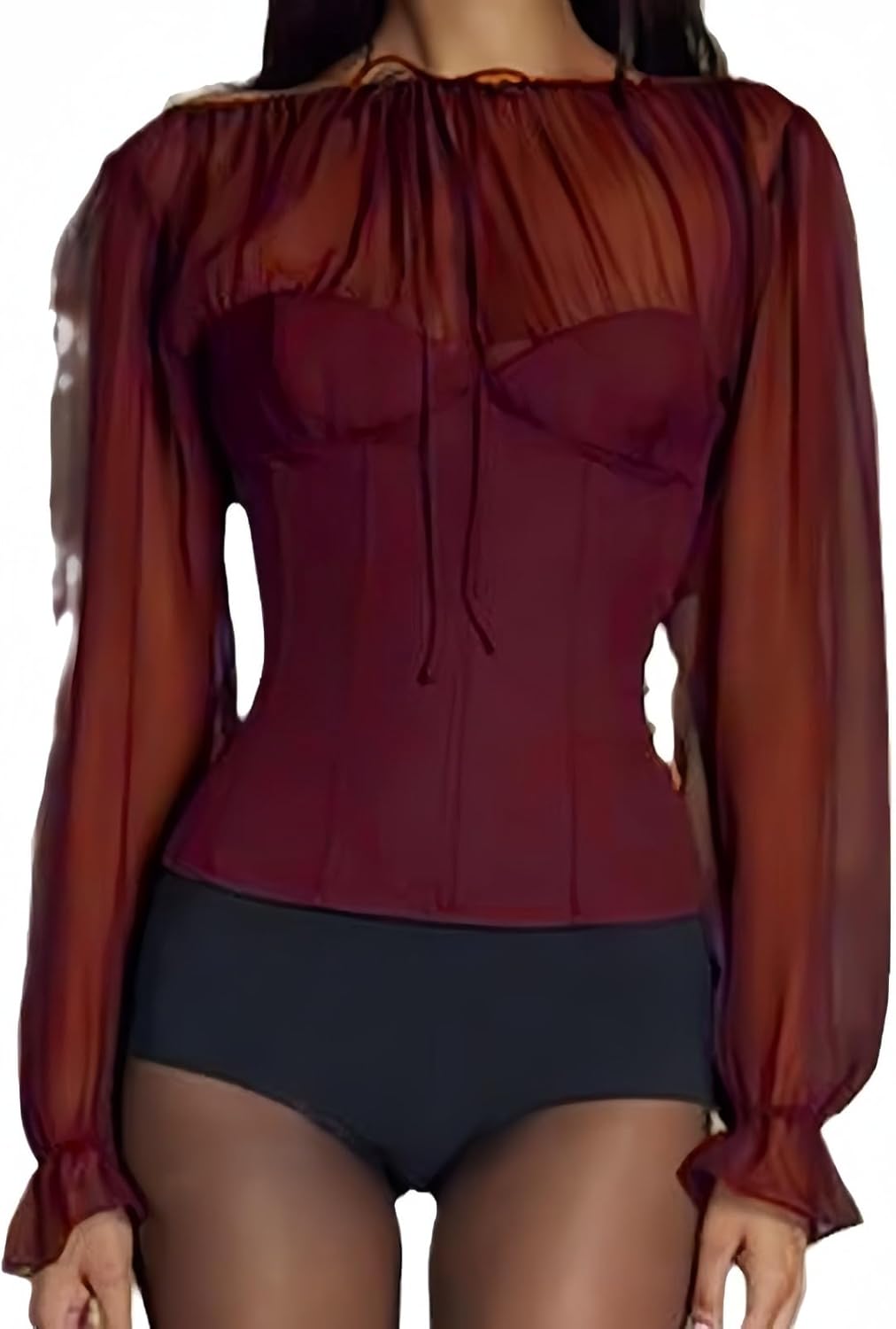 Y2k Tops Sexy Tops Long Sleeve Tops for Women Tie Front Tops Sheer Tops for Women Corset Tops Bow Top Tulle Top