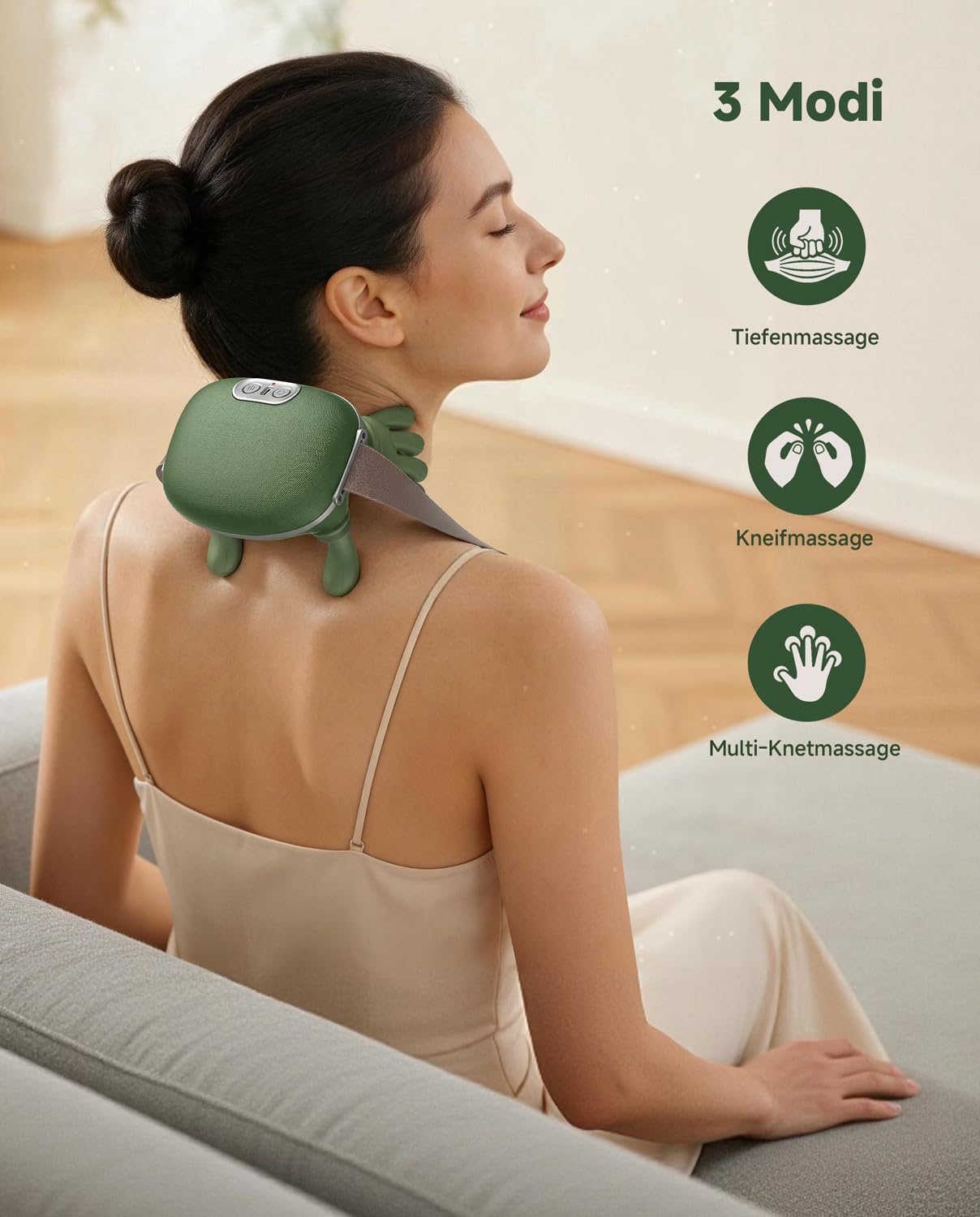 Massagegerät, 4D Nackenmassagegerät mit Wärme, Tragbares Nacken, 3 Modi und 2 Heizstufen, USB Elektrische, Entspannt die Muskeln und lindert Müdigkeit, für Zuhause & Büro, Grün