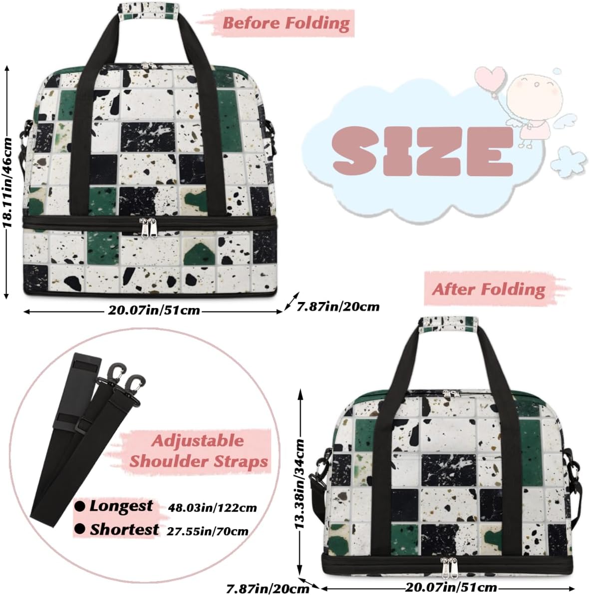 QsirBC Marble Art Gym Bag for Women Duffle Tote with Shoes Compartment Men Weekender Duffel for Dance Travel Sports Swimming Overnight