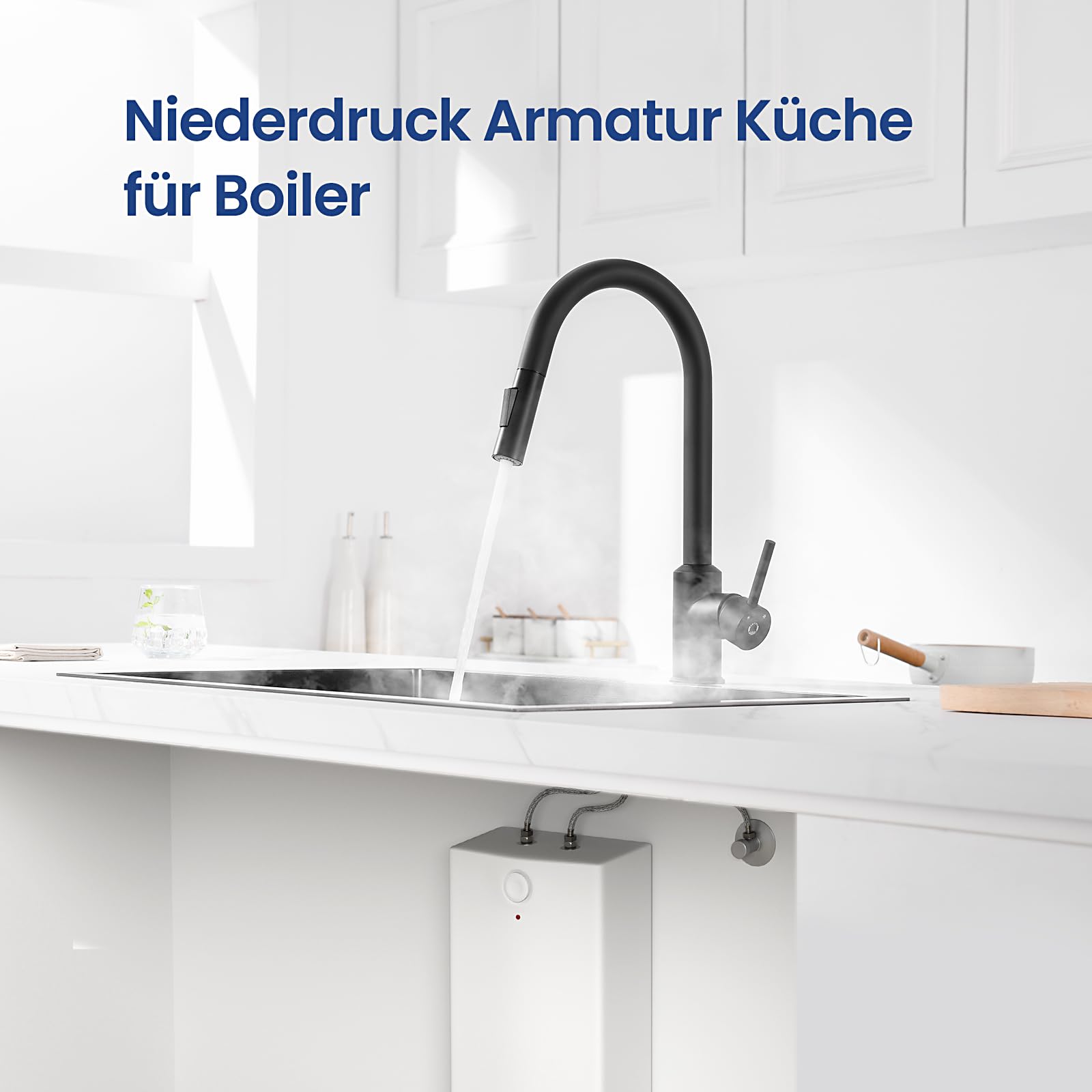 CECIPA Niederdruck Armatur Küche Schwarz, Wasserhahn Küche 3 Anschlüsse mit Hohem Bogen, 360°Schwenkbar küchenarmatur niederdruck ausziehbar,G3/8 Anschluss,niederdruckarmatur Schwarz | 3 Anschlüsse, ausziehbare Brause, hoher Bogen, 360 Grad schwenkbar, G3