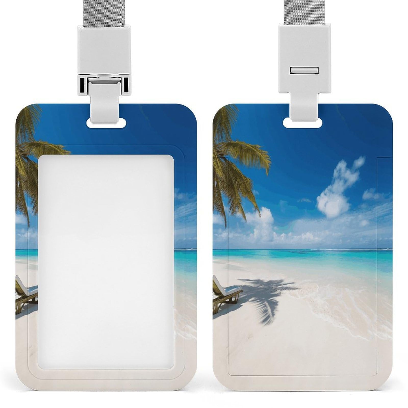 White Beach Tropical Sea Badge Holder Sliding ID Badge Holder with Clear Window Vertical Plastic Card Case Protector Pouch for Nurse Officer Teacher Security Staff Women Men
