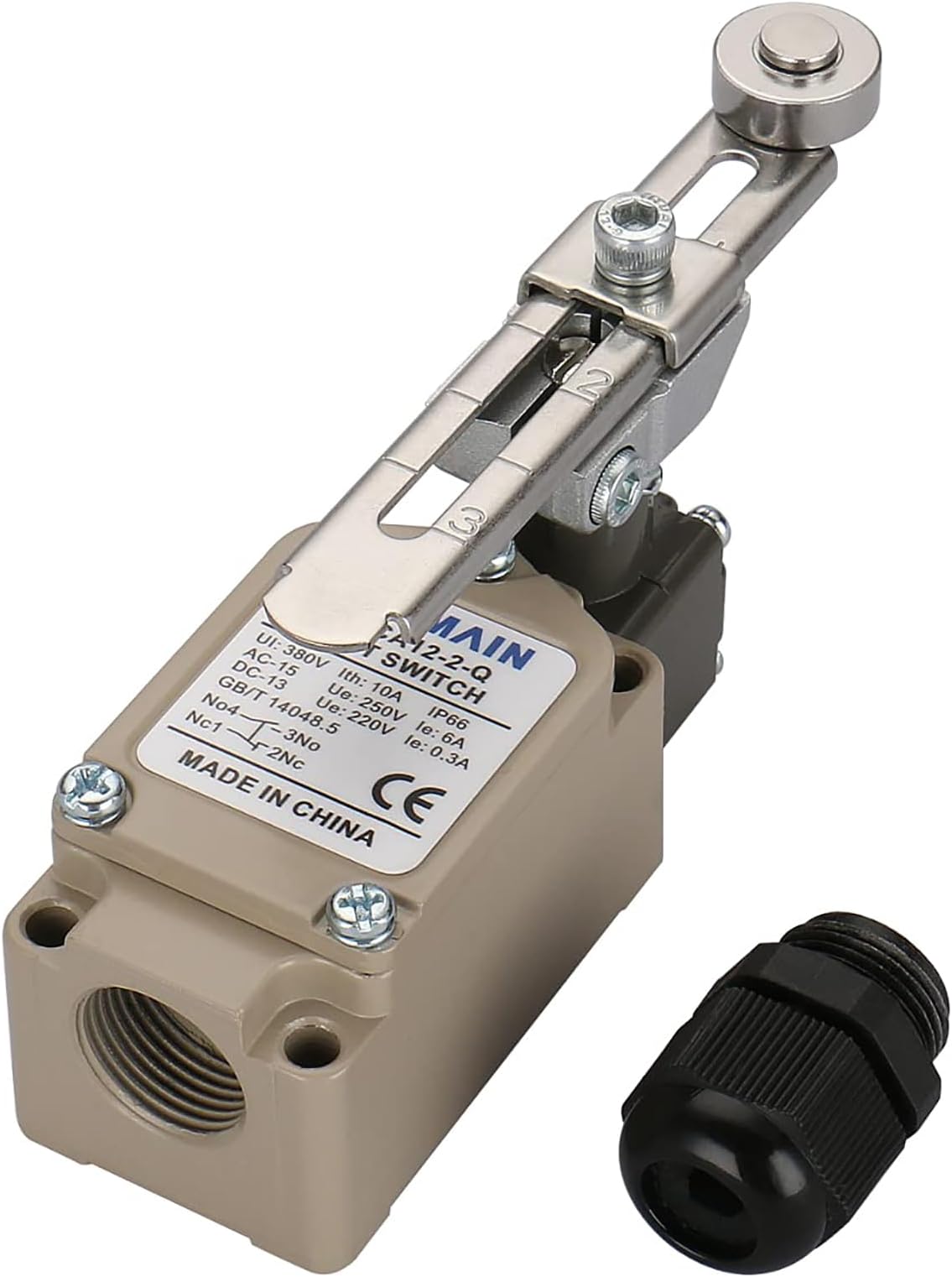 BAOMAIN WLCA12-2-Q Adjustable Roller Lever Limit Switch, SPDT 1NO 1NC Momentary Action, Waterproof IP66, 10A 380V AC for CNC Milling, Lathe, Machine Tools, Conveyors &Gate Control (with Cable Gland)