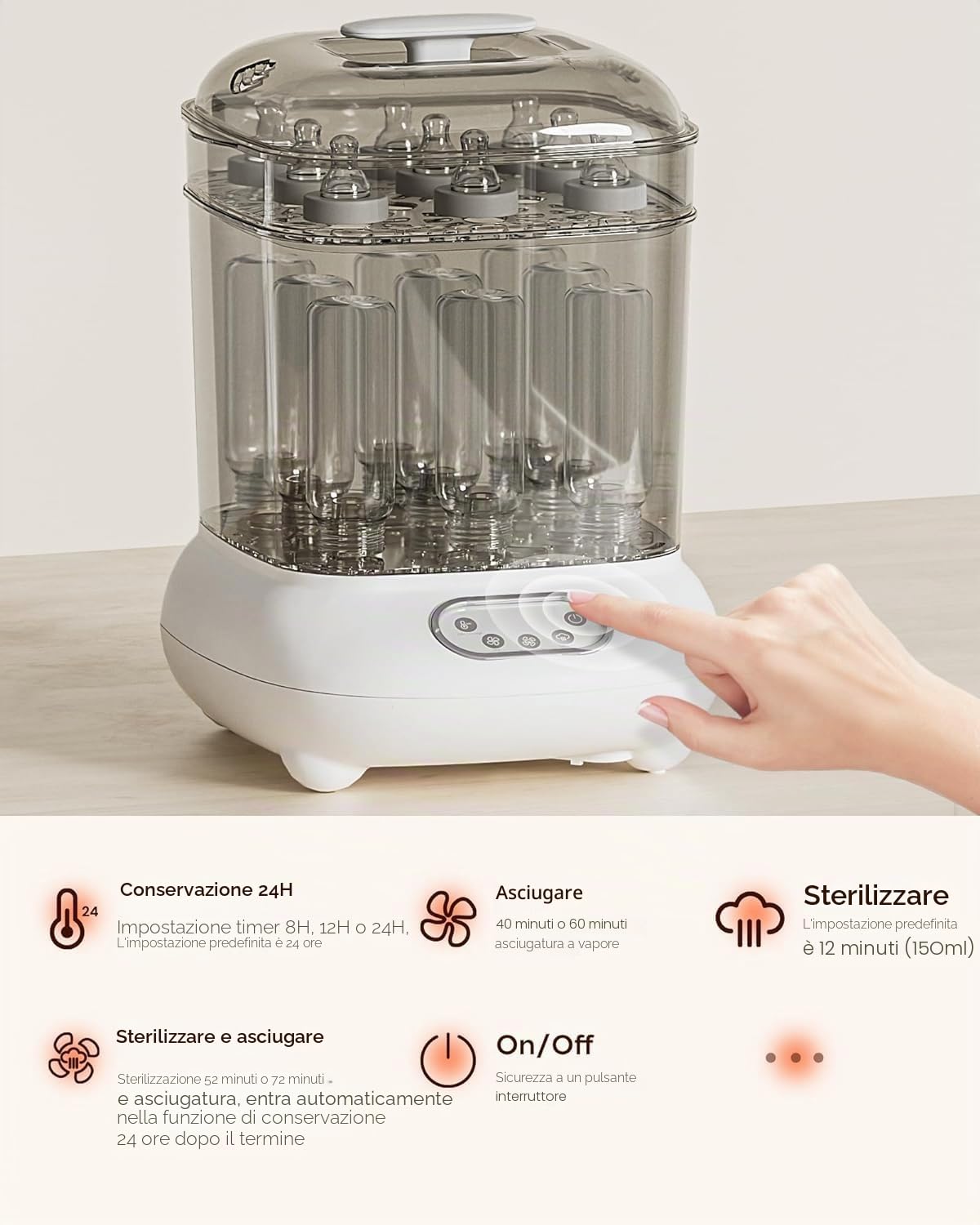 Sterilizzatore e asciuga biberon, sterilizzatore a vapore, capacità maggiore per 9 biberon di tutti i tipi più accessori, ciucci, giocattoli per la dentizione, attrezzatura iniziale per neonati