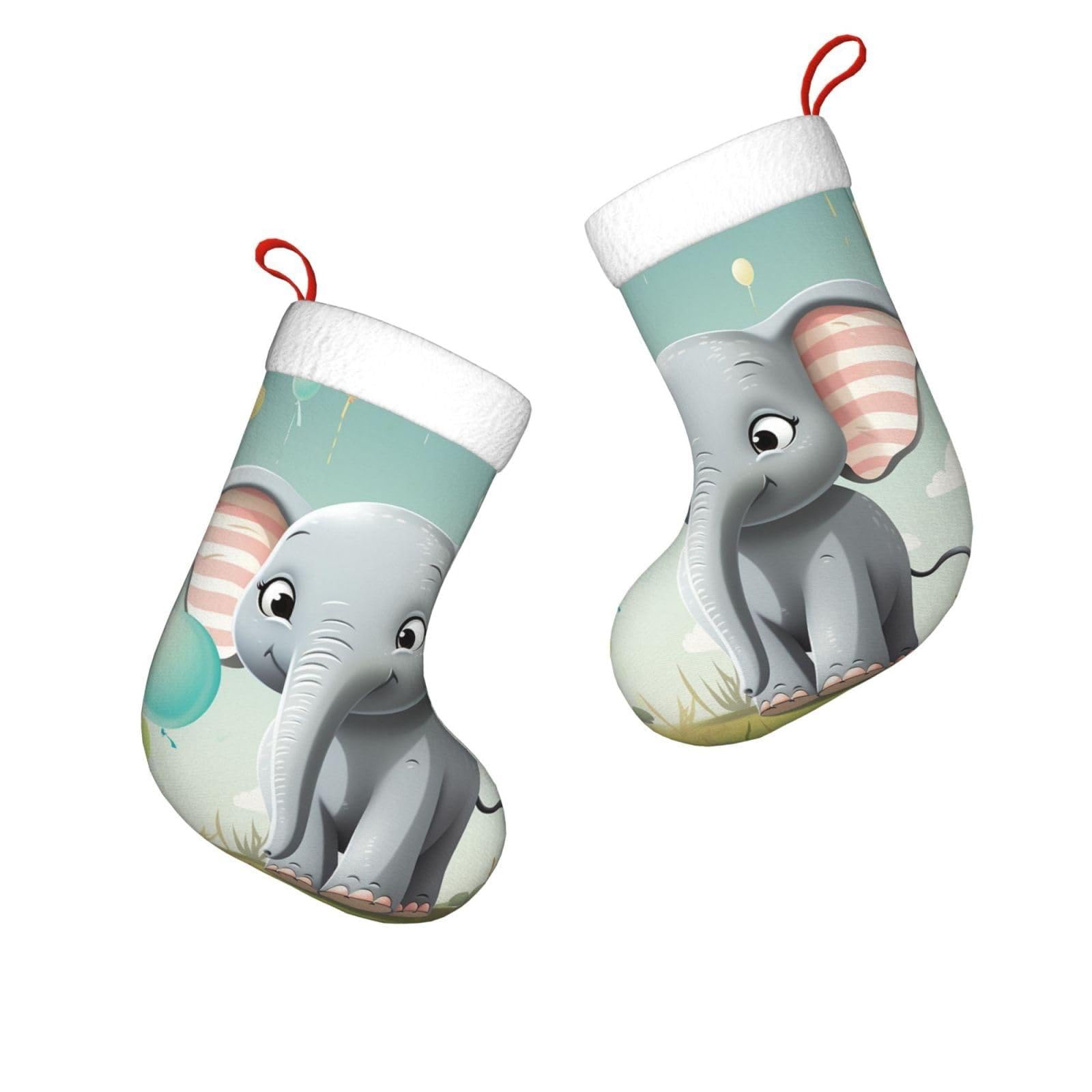 FodPand 17.7" Christmas Stocking 1 Piece, Lovely Elephant Xmas Stockings with White Plush Cuff Fireplace Hanging Stocking for Christmas Holiday Party Decoration