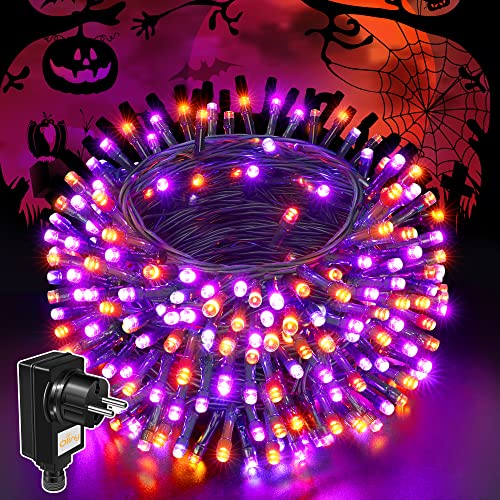 Ollny Halloween Deko Lichterkette 20M 200LEDs Lichterkette Außen Strom Orange Lila-8 Modi Wasserdicht Halloween Lichterketten mit Stecker für Aussen Innen Cover