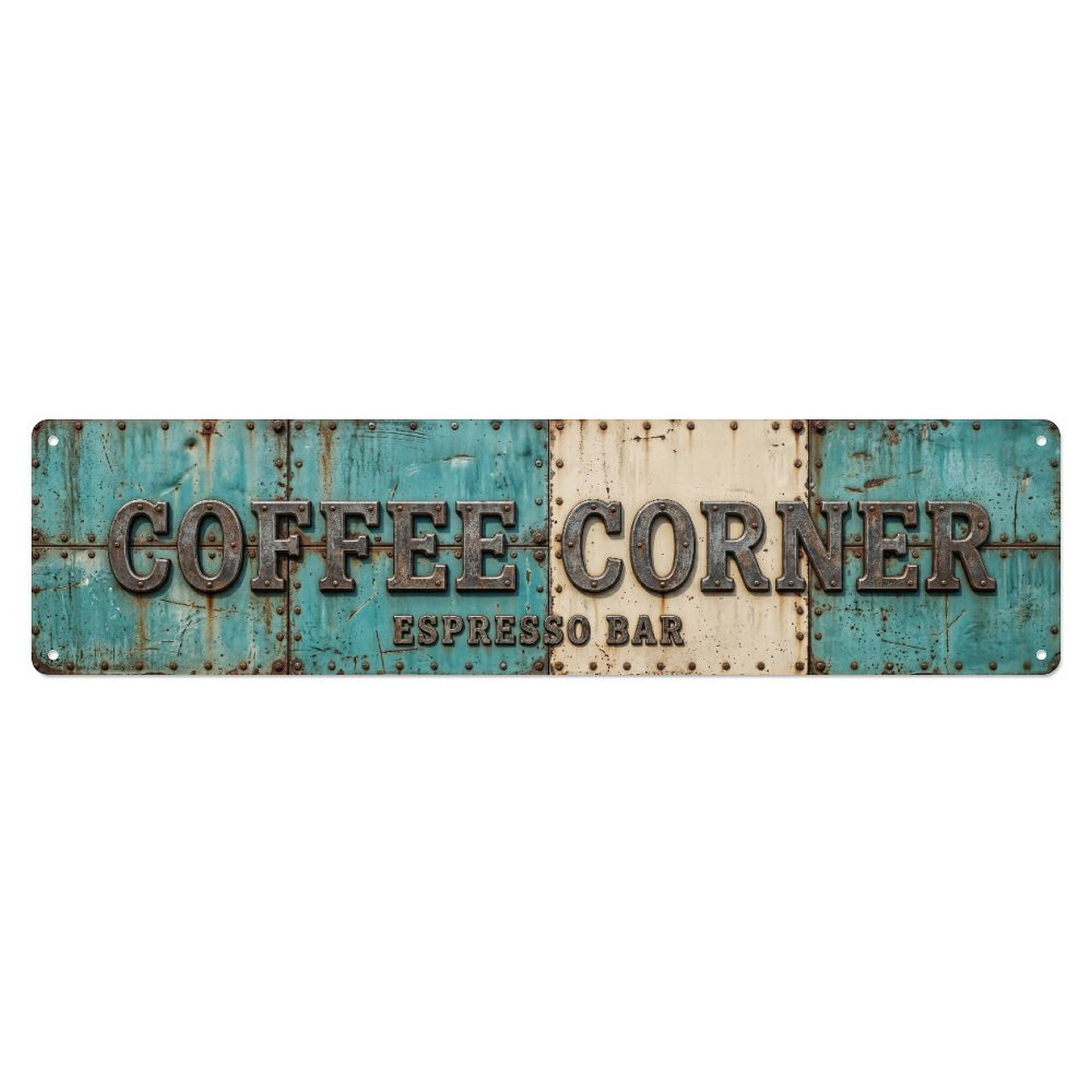 Coffee Corner Teal Metal Metal Tin Skinny Sign Plaque Wall Decor for Cafe, Club Bar, Office, Home Garden Metal Poster 4x16Inch