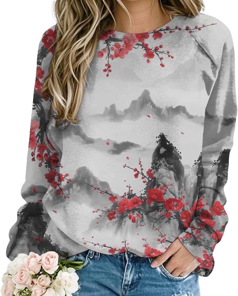 Japanese Art Floral Print Sweatshirts for Women Long Sleeve Crew Neck Graphic Sweatshirt Loose Fit Comfy Fall Clothes