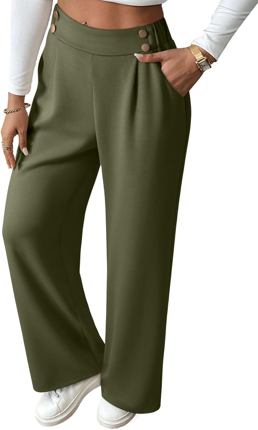 EVALESS Womens Wide Leg Work Pants Straight Elastic High Waisted Double Button Trousers Business Casual Pants with Pockets