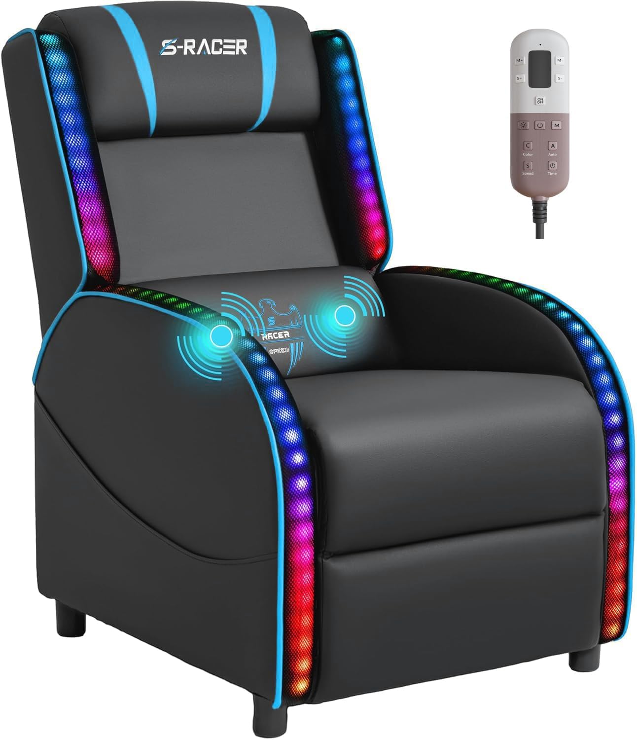 Homall LED Gaming Massage Recliner Chair Racing Style Single Living Room Sofa Comfortable Ergonomic Home Theater Seating (Blue)