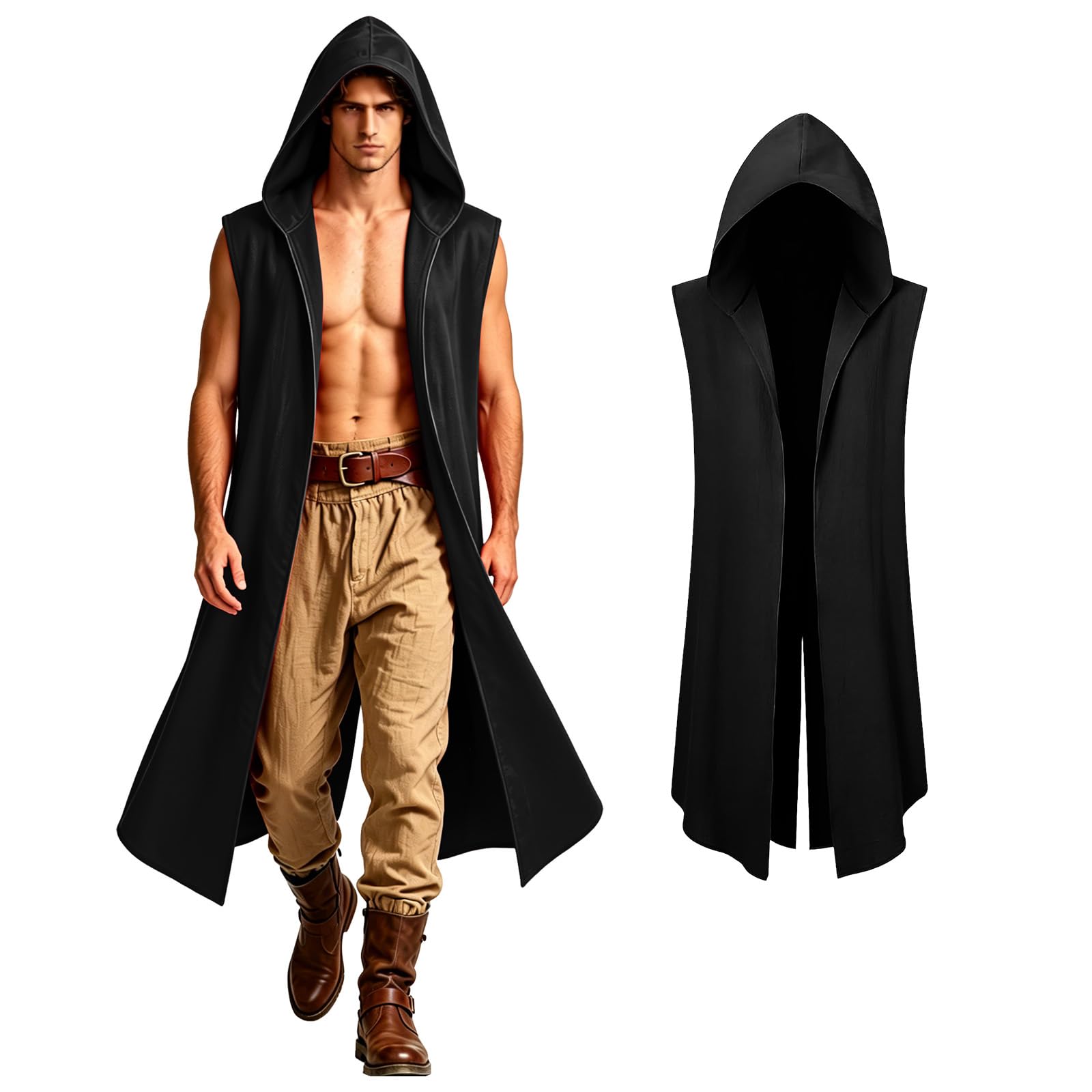 HZVRTN Medieval Cloak Renaissance Hooded Surcoat Retro Open Front Sleeveless Cape for Halloween Cosplay Theme Party (Black, M)