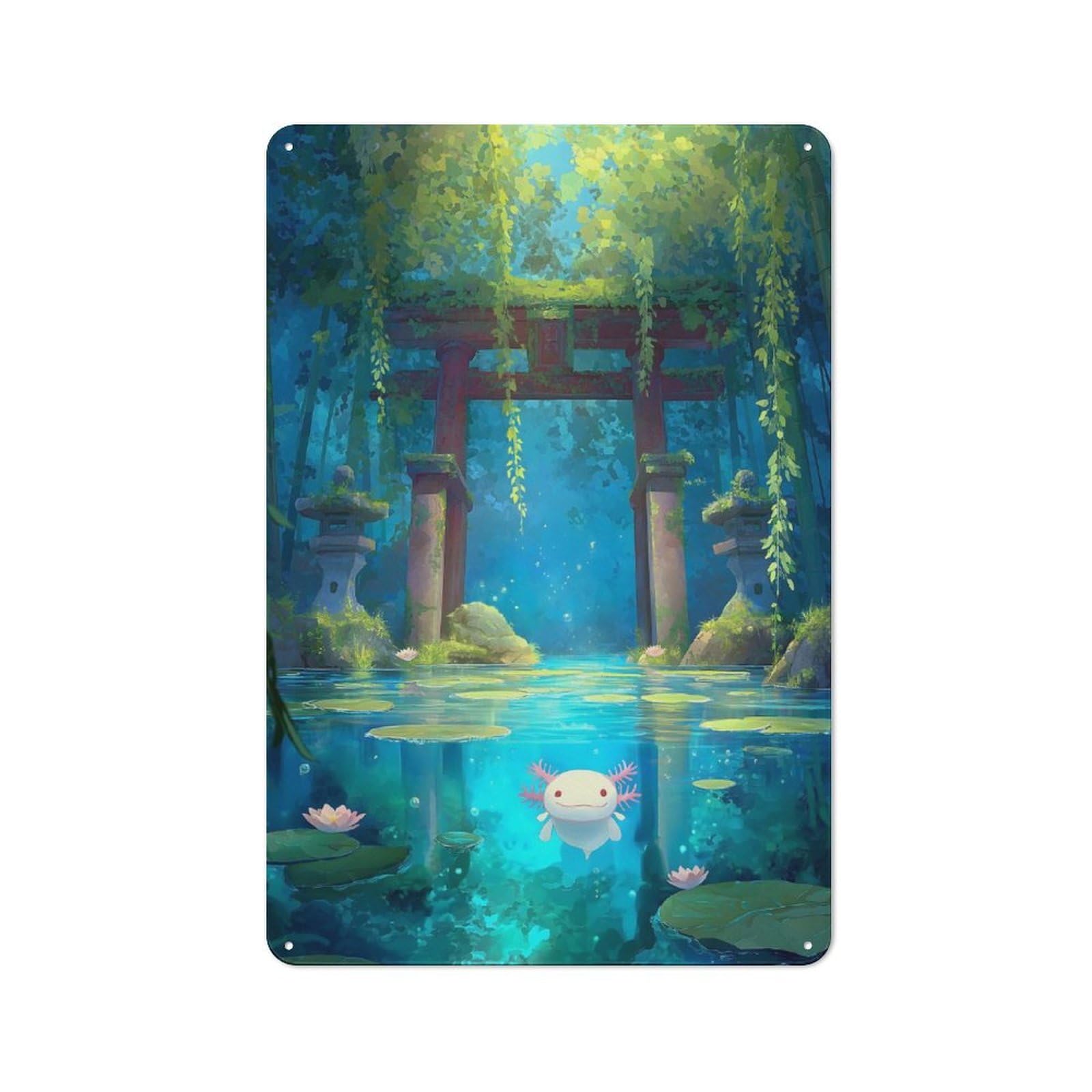 Junmoney Axolotl In A Japanese Garden Pond Printed Metal Sign 30X20cm For Café Or Home Bar, Housewarming Wall Decor For People Furnishing Café And Home Bar