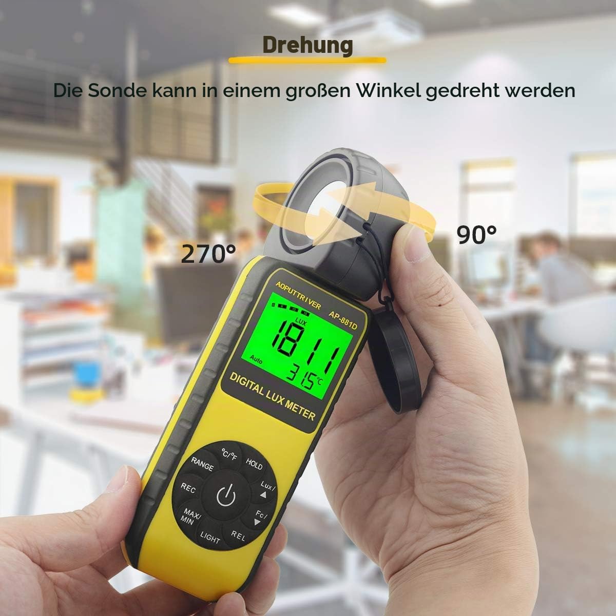 Digital Luxmeter, Belichtungsmesser, Tragbare Photometer AP-881D Lichtmesser mit Bereich bis zu 400,000 Lux mit um 270° drehbarem Detektor für LED-Licht und Zuchtpflanze(Gelb)