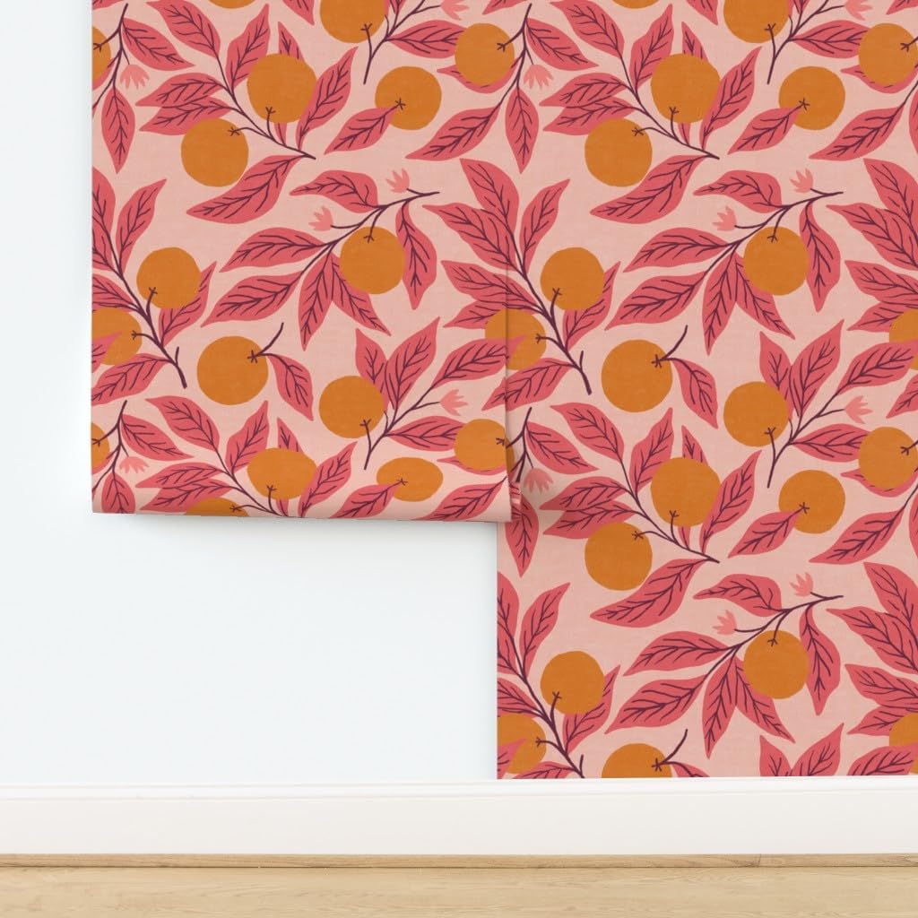 Peel & Stick Wallpaper 12ft x 2ft - Oranges Fruit Pink Citrus Bohemian Orchard Boho Summer Feminine Custom Removable Wallpaper by Spoonflower