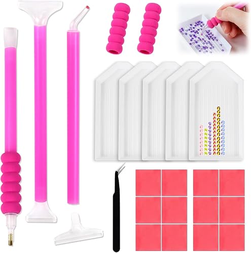 30 Pcs Bedazzling Pen Tools Set, 3 Rhinestone Picker Applicator Dotting Pen Handle with 6 Replacement Tips, Bedazzler Pen with Pencil Grips, Trays, Wax, Diamond Art Painting Pen Tools for Art