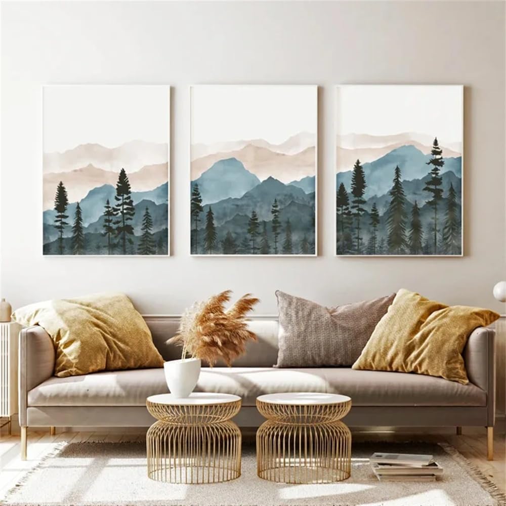 Wuhbcz Green/Blue Canvas Paints- Water Mountains Art Poster Abstract Landscape Print Canvas Wall Art Painting Living Room Office Bedroom Gallery Decoration-60 * 80Cm/3Pcs (No Frame)