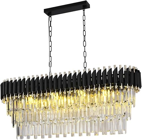 Lámpara de araña de cristal contemporánea para comedor de 10 luces, L40 negra de lujo con gota de lluvia de cristal colgante para sala de estar y