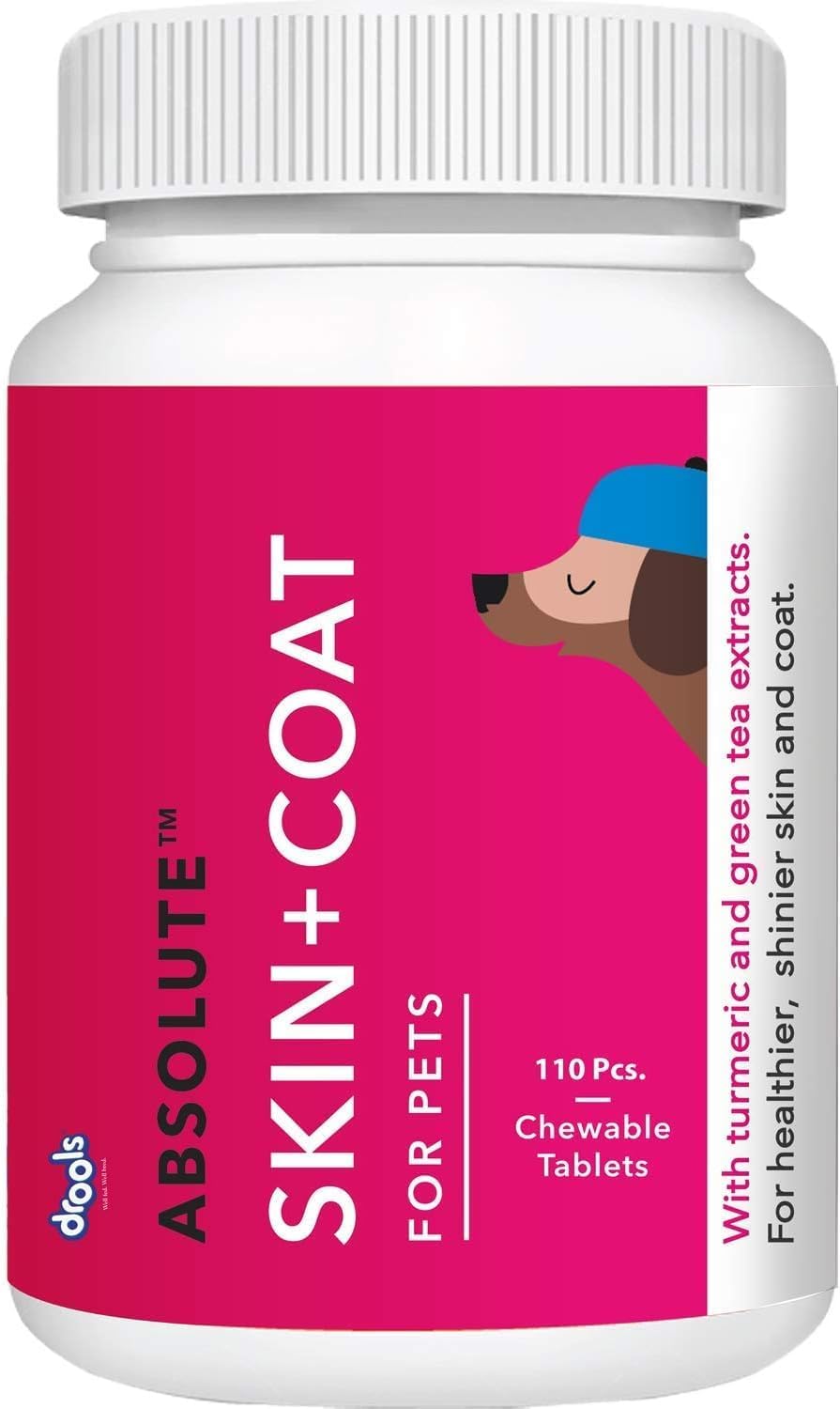 Drools Absolute Dog Supplement Tablet, Skin+ Coat 400g 110 Pieces Jar | Turmeric Flavour | Supports Skin& Food Sensitivity | Supports Skin Natural Barrier | Nutrients Rich Botanical