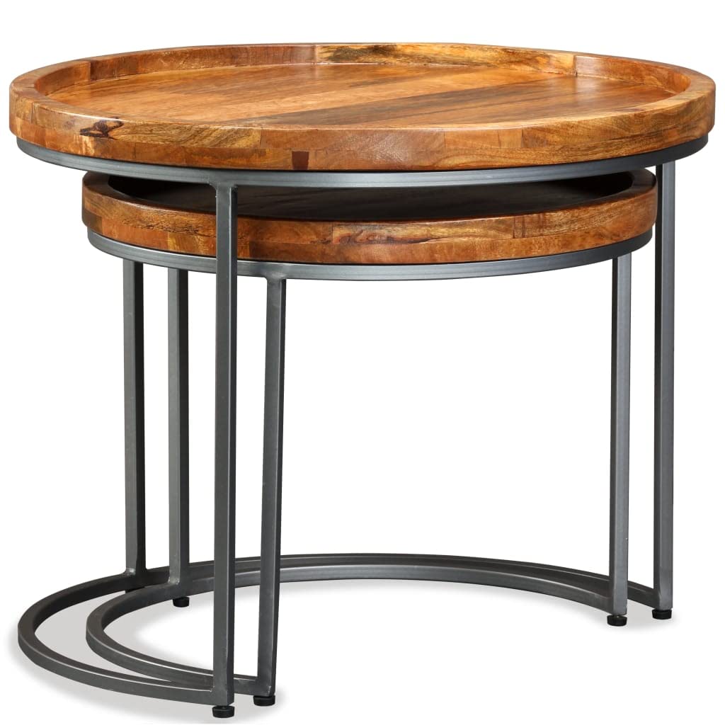 Juego de 2 mesas auxiliares de madera maciza de mango con patas de hierro, 55 x 45 cm y 45 x 38 cm, como mesa de café, mesa de sofá, mesa de almacenamiento en el salón