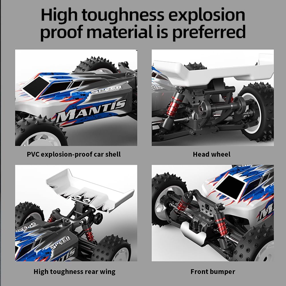 Close-up images of Teeggi S911 PRO RC Car components: PVC shell, head wheel, rear wing, front bumper