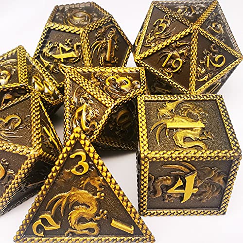 HAOMEJA DND Metal Dice Dragon Set 7 Role Playing Dice D&D Solid Dice Dungeons and Dragons (Ancient Brass)
