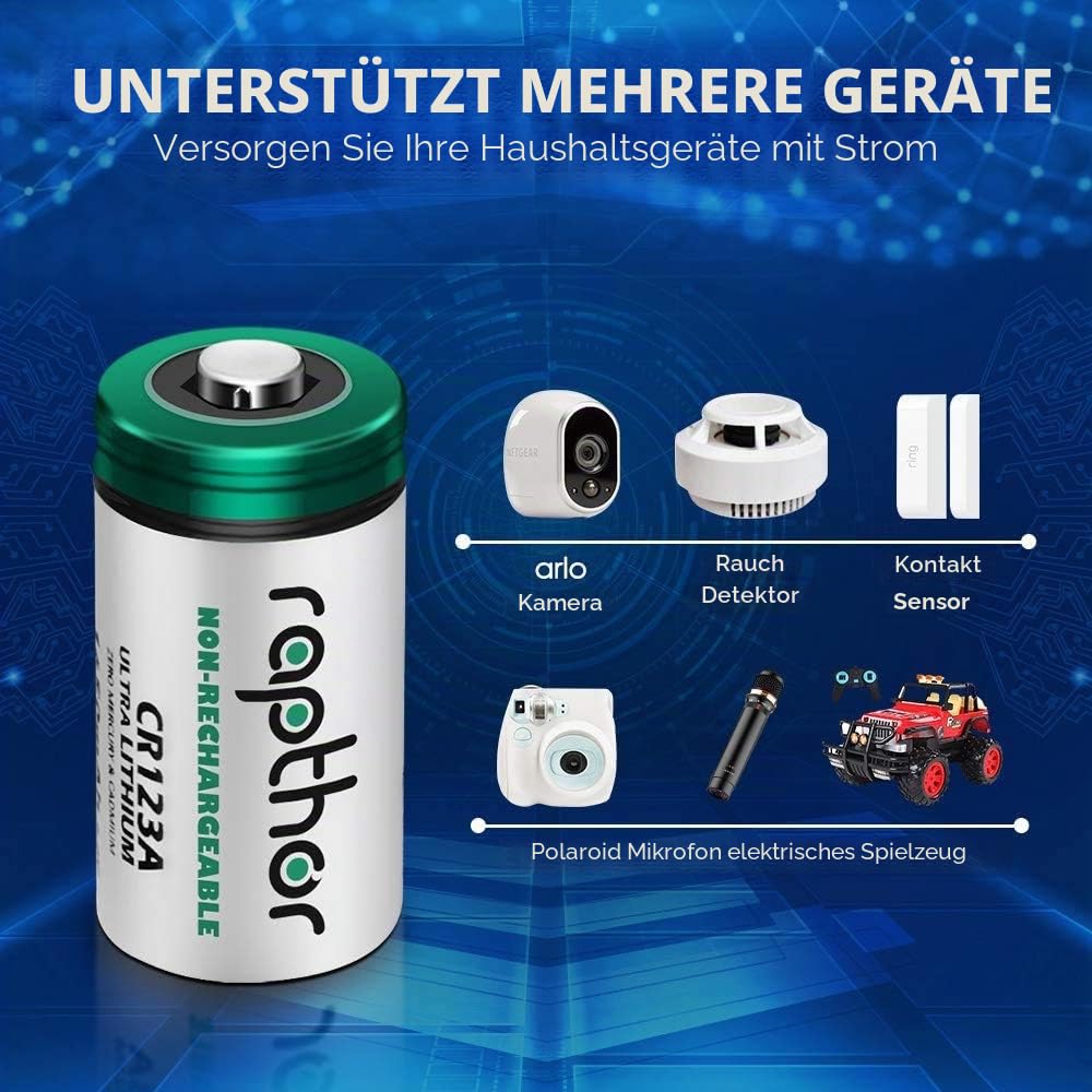 Rapthor 1650mAh CR123A 3V Lithium-Batterie CR123/123A/CR17345 Fotobatterien mit PTC-Schutz für Kamera Taschenlampen Alarmanlage Rauchmelder [20 Stück, Nicht wiederaufladbar]