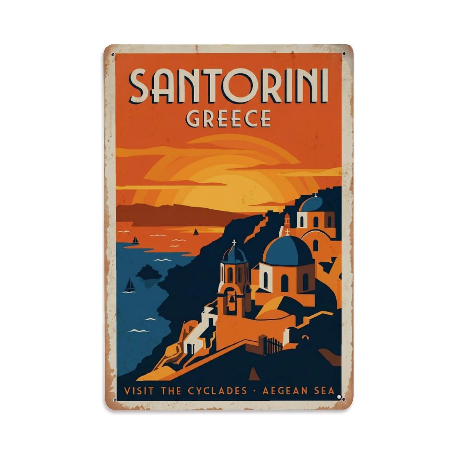 Fyrn Style Metal Tin Sign Vintage Travel Santorini Greece Sunset